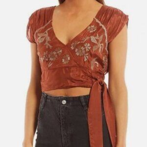 Free People Sahara Embroidered Top – Brown Short Sleeve Boho Blouse XS